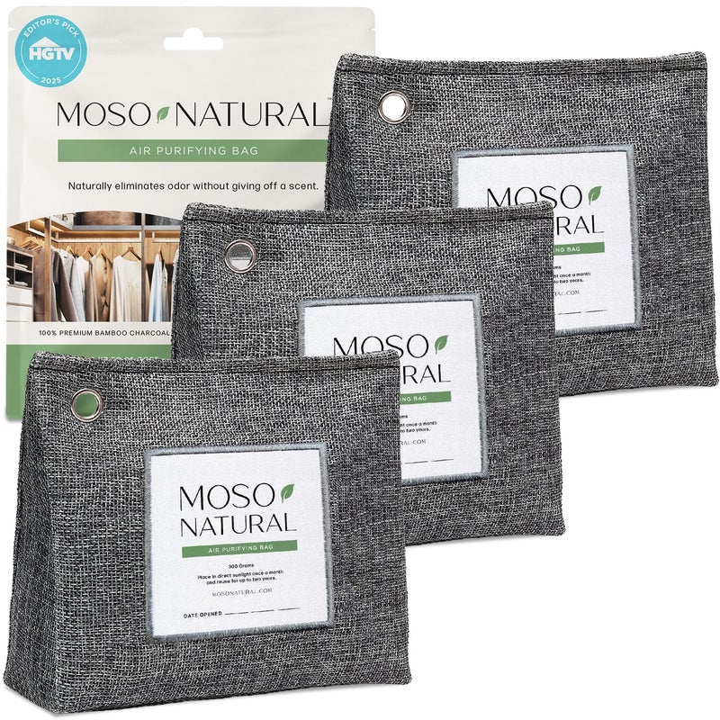 MOSO NATURAL حقيبة ماسو الطبيعية لتنقية الهواء 300 جرام (10.58 أونصة) من الفحم البامبو الممتاز لامتصاص الروائح في المنزل والحيوانات الأليفة | مزيل الروائح من الخزائن ومعطر الغرف الصغيرة | حقائب الفحم تدوم لمدة عامين | بدون رائحة (3 عبوات) - Image 1