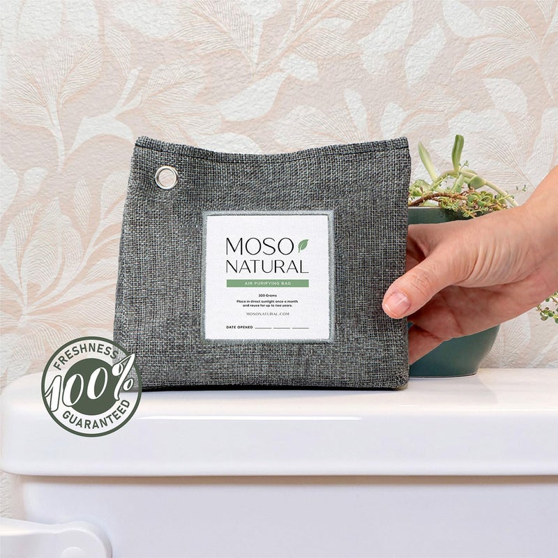 MOSO NATURAL حقيبة ماسو الطبيعية لتنقية الهواء 300 جرام (10.58 أونصة) من الفحم البامبو الممتاز لامتصاص الروائح في المنزل والحيوانات الأليفة | مزيل الروائح من الخزائن ومعطر الغرف الصغيرة | حقائب الفحم تدوم لمدة عامين | بدون رائحة (3 عبوات) - Image 2