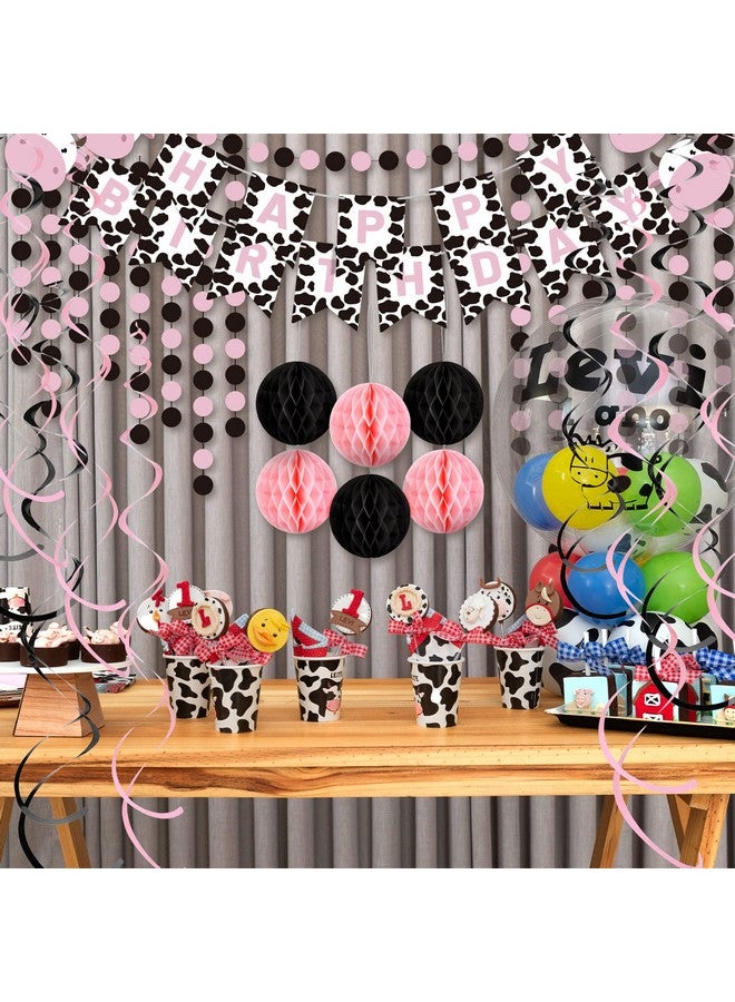 Eersida Cow Themed Party Decorations Supplies Pink Animal Birthday Party Supplies Cow Happy Birthday Banner Hanging Swirl Round Paper Garland Honeycomb Flower Balls for Baby Shower Supplies Ceiling - Image 2