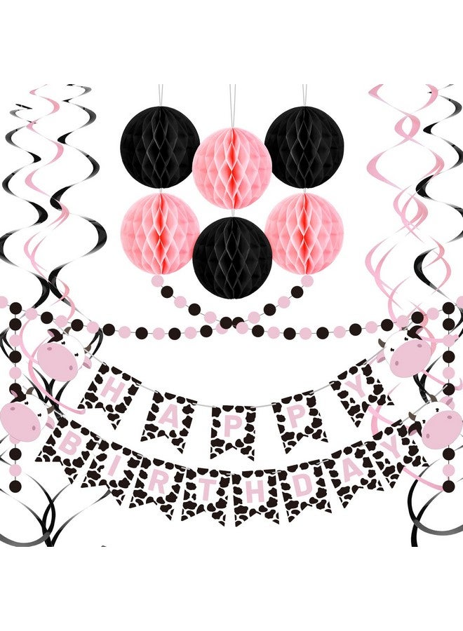 Eersida Cow Themed Party Decorations Supplies Pink Animal Birthday Party Supplies Cow Happy Birthday Banner Hanging Swirl Round Paper Garland Honeycomb Flower Balls for Baby Shower Supplies Ceiling - Image 1