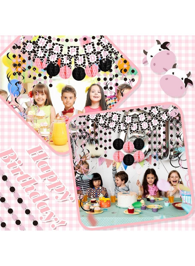 Eersida Cow Themed Party Decorations Supplies Pink Animal Birthday Party Supplies Cow Happy Birthday Banner Hanging Swirl Round Paper Garland Honeycomb Flower Balls for Baby Shower Supplies Ceiling - Image 4