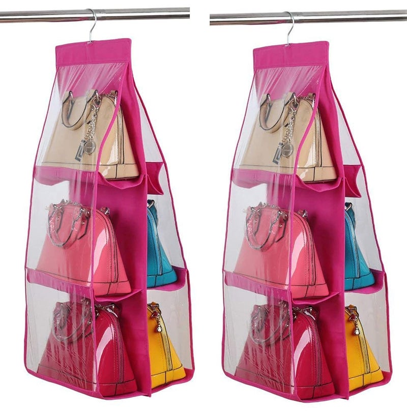 Kuber Industries Hanging Handbag Organizer DustProof Storage Holder Bag Wardrobe Closet for Purse Clutch Handbag with 6 Large Compartments HangerPack of 2 PinkHS_38_KUBMART21111 - Image 1