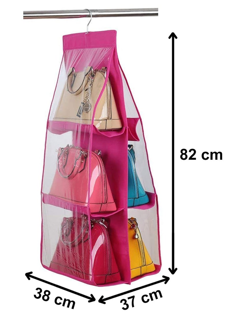 Kuber Industries Hanging Handbag Organizer DustProof Storage Holder Bag Wardrobe Closet for Purse Clutch Handbag with 6 Large Compartments HangerPack of 2 PinkHS_38_KUBMART21111 - Image 5