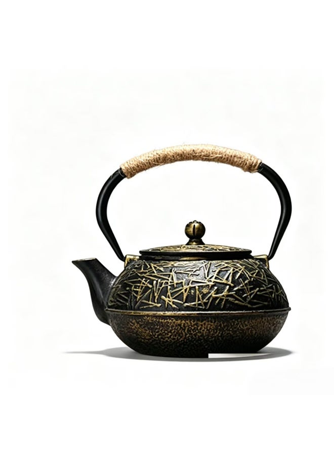 إبريق شاي من الحديد الزهر، بنمط الخيزران العتيق، 0.9 لتر، ذهبي عتيق - Image 1