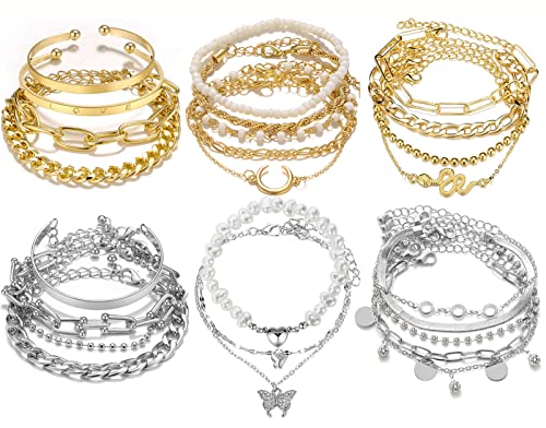 17IF 24 Pcs (7 Pack) Dainty Gold Silver Bracelet Set for Women, Boho Chain Ankle Layered Stackable Link Adjustable Chunky Bangle Jewelry Set (Half) - Image 1
