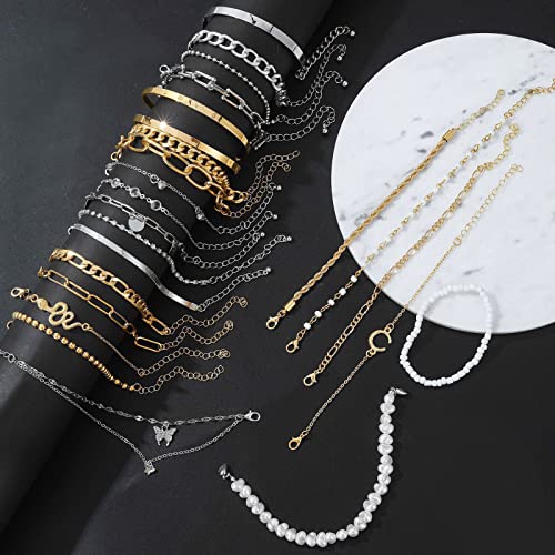 17IF 24 Pcs (7 Pack) Dainty Gold Silver Bracelet Set for Women, Boho Chain Ankle Layered Stackable Link Adjustable Chunky Bangle Jewelry Set (Half) - Image 3