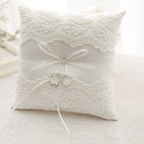 Bodosac Awtlife Lace Pearl Wedding Ring Pillow Cushion Bearer 8.26 Inch for Beach Wedding - Image 2