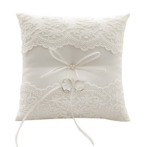 Bodosac Awtlife Lace Pearl Wedding Ring Pillow Cushion Bearer 8.26 Inch for Beach Wedding - Image 1