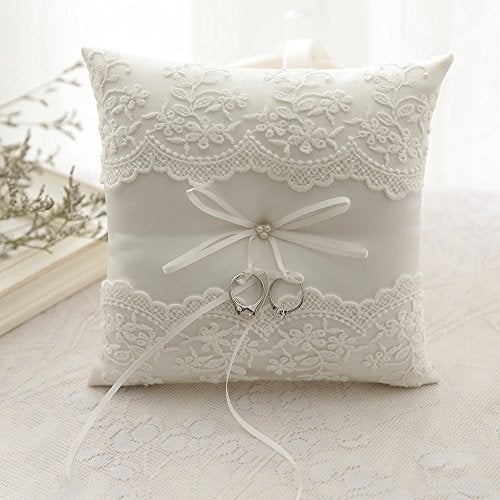 Bodosac Awtlife Lace Pearl Wedding Ring Pillow Cushion Bearer 8.26 Inch for Beach Wedding - Image 5