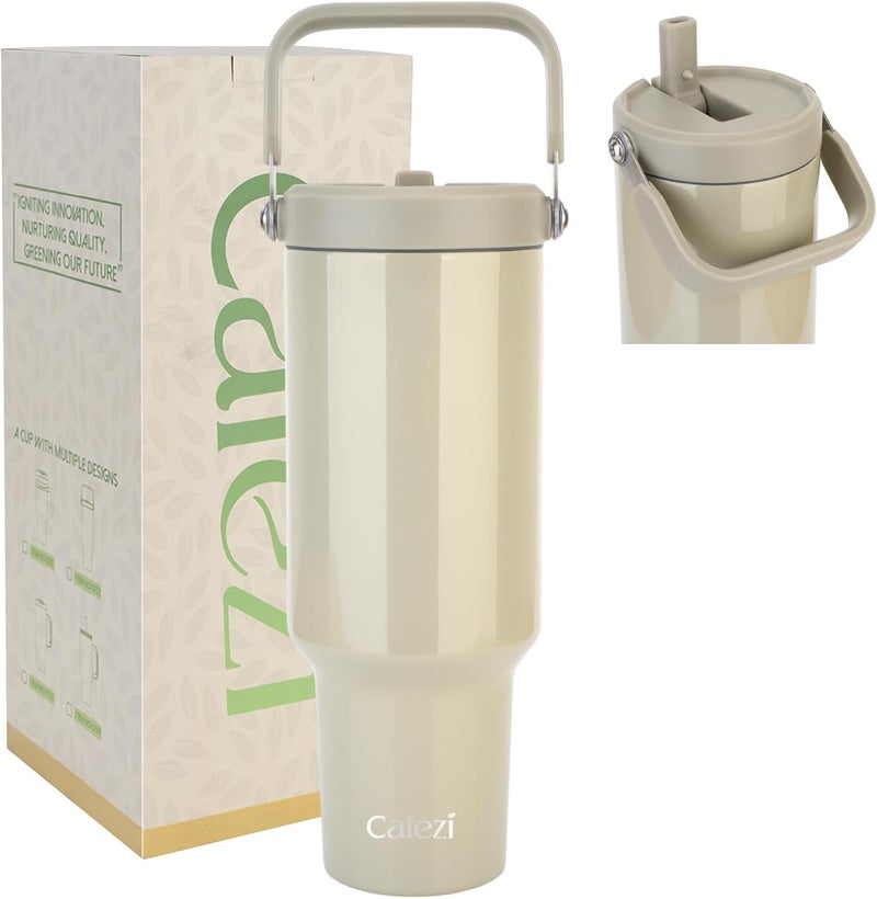 Cafezi 40oz Stainless Steel Vacuum Insulated Tumbler with Lid & Straw - Double-Wall Thermal Water Bottle for Hot & Cold Drinks, Leakproof Travel Mug with Handle, Fits Cup Holder, Ideal Home, Outdoor - Image 1