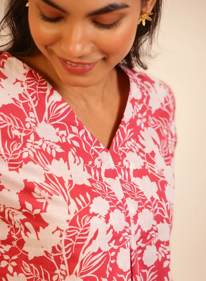 sanskrutihomes Sanskrutihomes Women Pink Floral Print V Neck Top and Pyjama Set