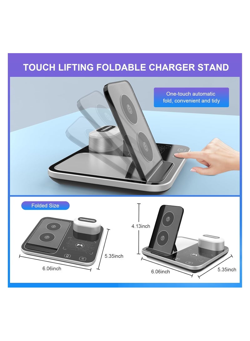 General 4in1 Wireless Charging Station with Ambient Light Foldable Stand Compatible with iPhone Samsung Huawei Xiaomi Phones Watches Headphones Silver Black  - Image 1