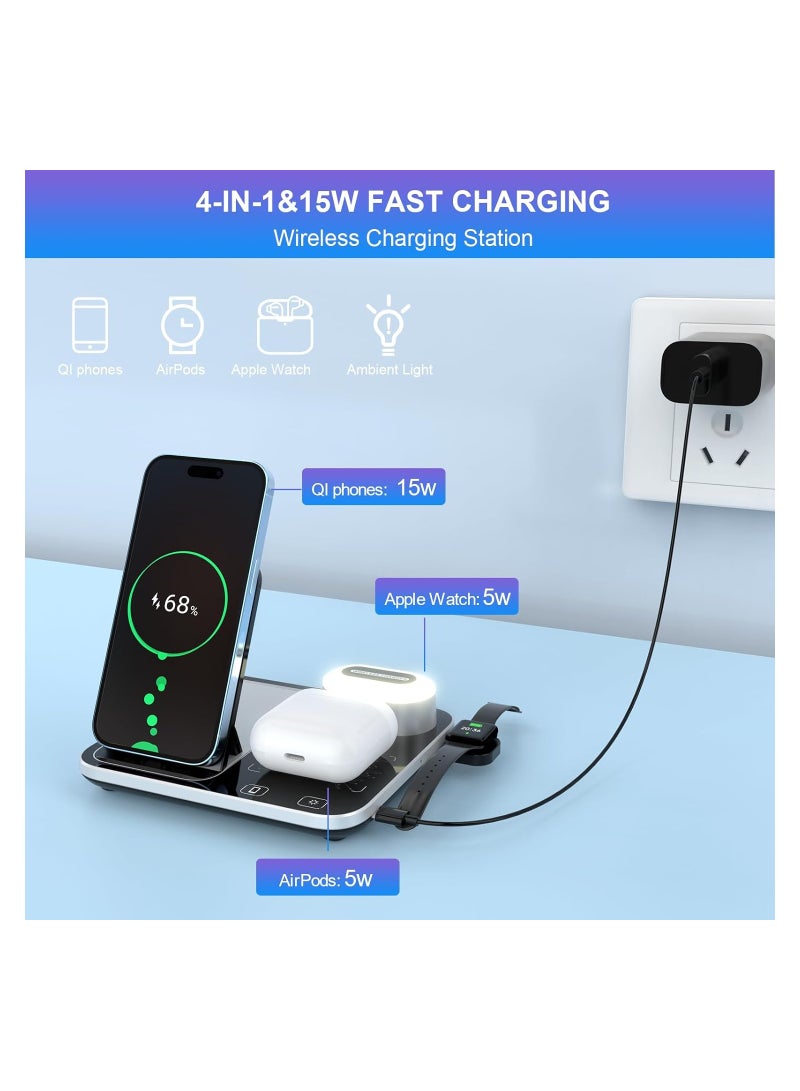 General 4in1 Wireless Charging Station with Ambient Light Foldable Stand Compatible with iPhone Samsung Huawei Xiaomi Phones Watches Headphones Silver Black  - Image 5