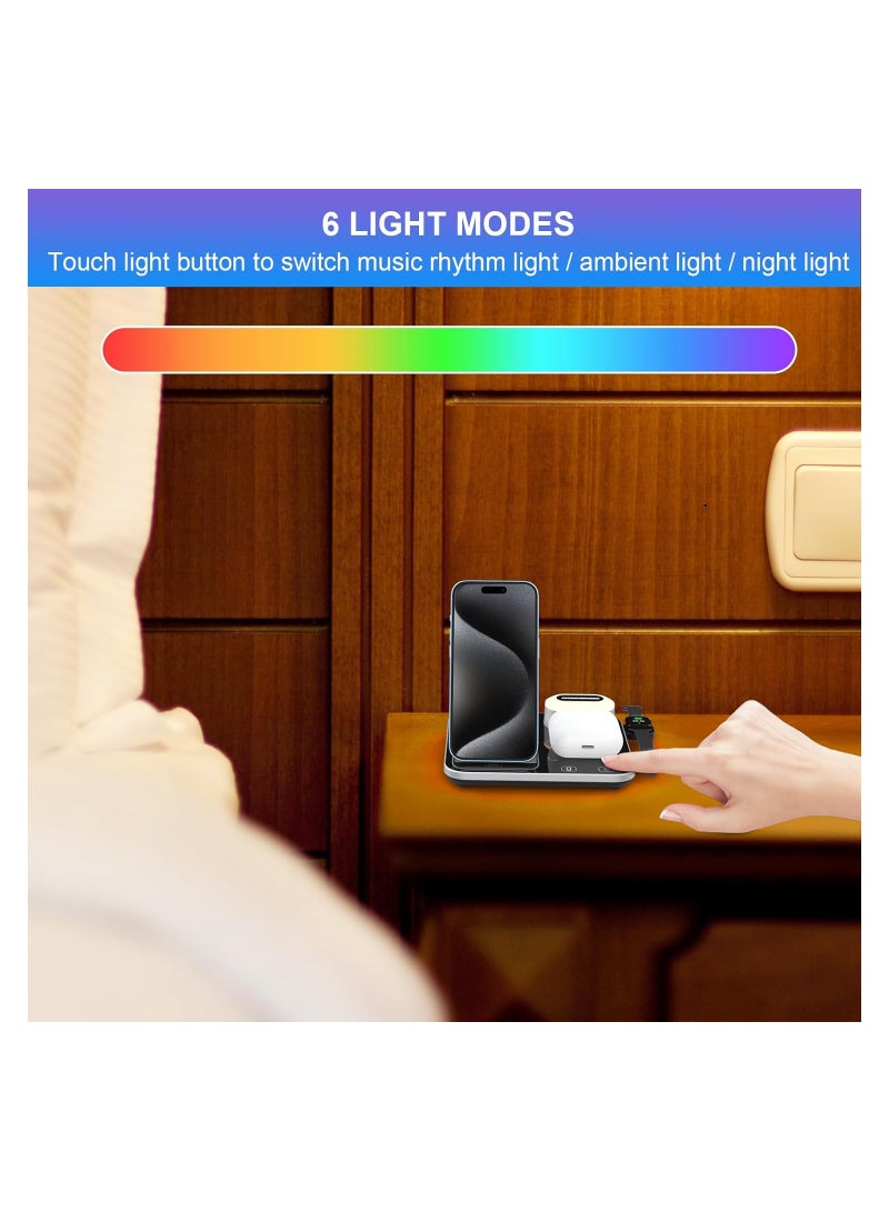 General 4in1 Wireless Charging Station with Ambient Light Foldable Stand Compatible with iPhone Samsung Huawei Xiaomi Phones Watches Headphones Silver Black  - Image 3