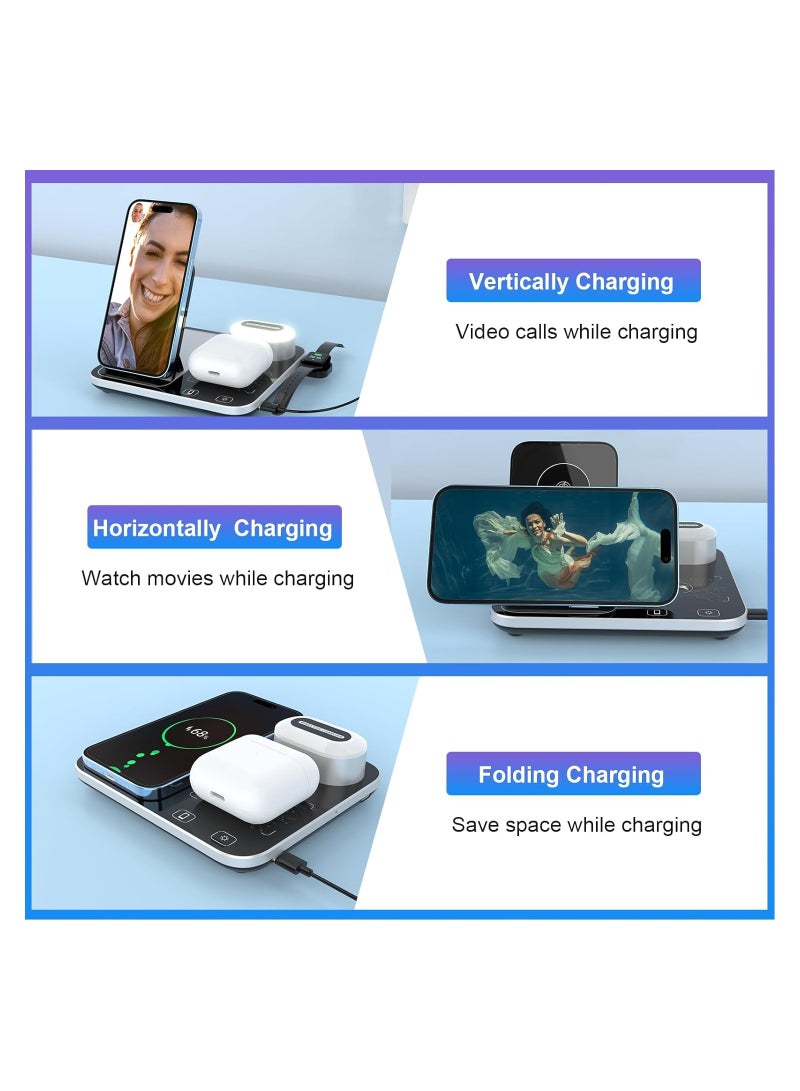 General 4in1 Wireless Charging Station with Ambient Light Foldable Stand Compatible with iPhone Samsung Huawei Xiaomi Phones Watches Headphones Silver Black  - Image 2