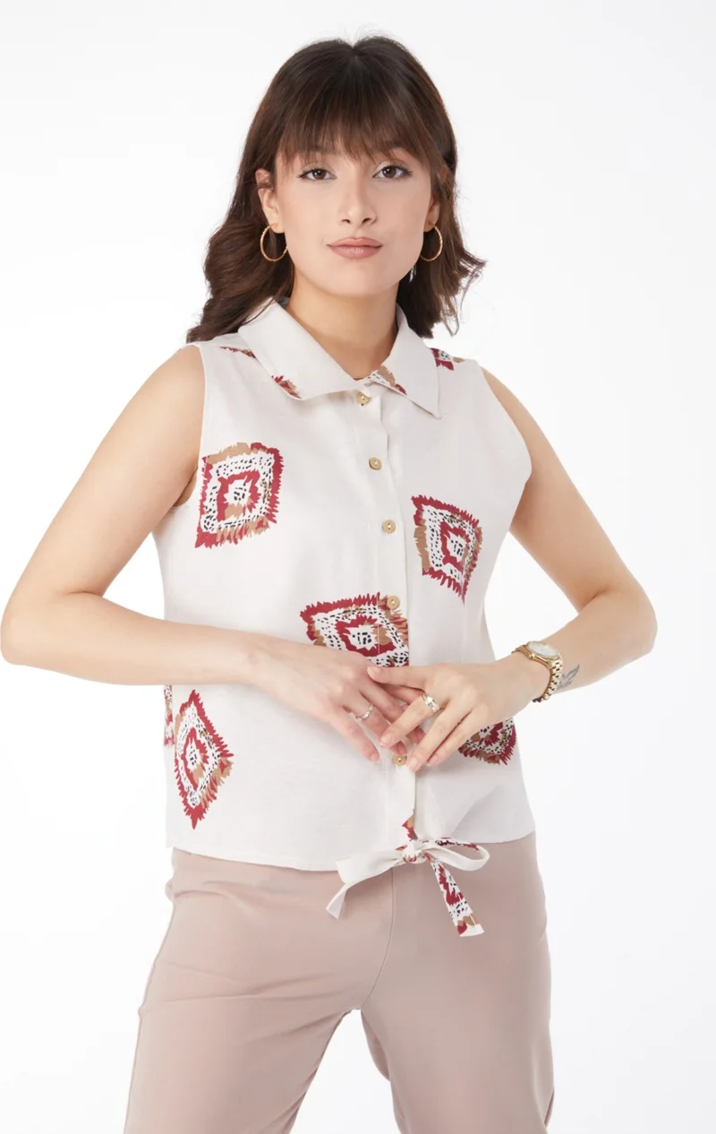 Tofisa Plain Shirt Collar Women Burgundy Tied Hem Patterned Shirt - 13150