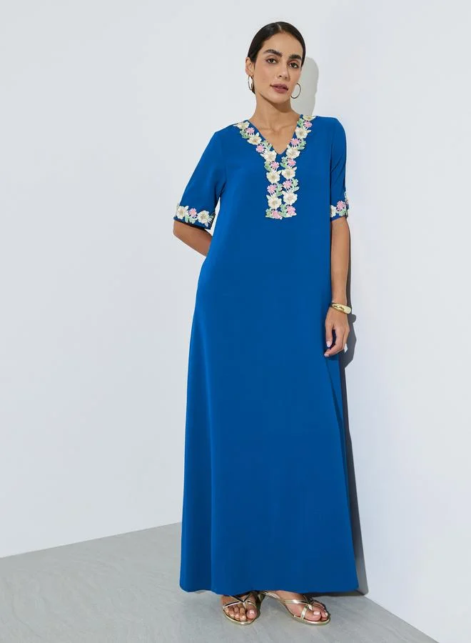 أميرة Blue Floral Lace Trim V Neck Jalabiya
