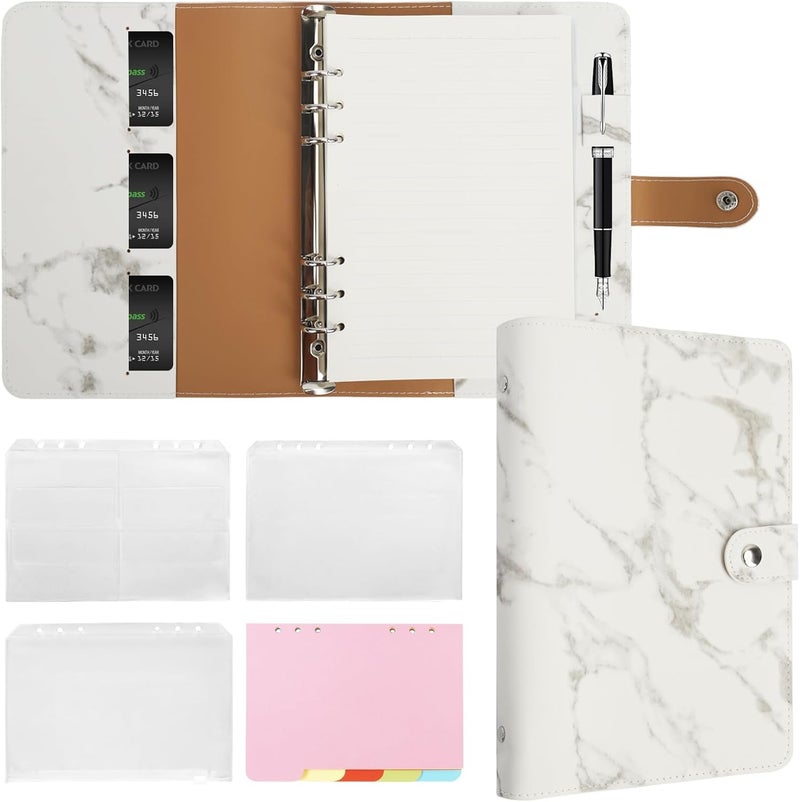 FYY Leather A5 Binder Notebook - Refillable 6 Ring Planner With Pockets, Dividers, Refill Paper - PU Leather Travel Journal Cover White - Image 1