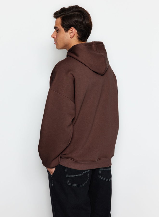 trendyol Dark Brown Oversize/Wide Cut Hooded Fleece Inside/Warm Sweatshirt TMNAW21SW2005 - Image 3