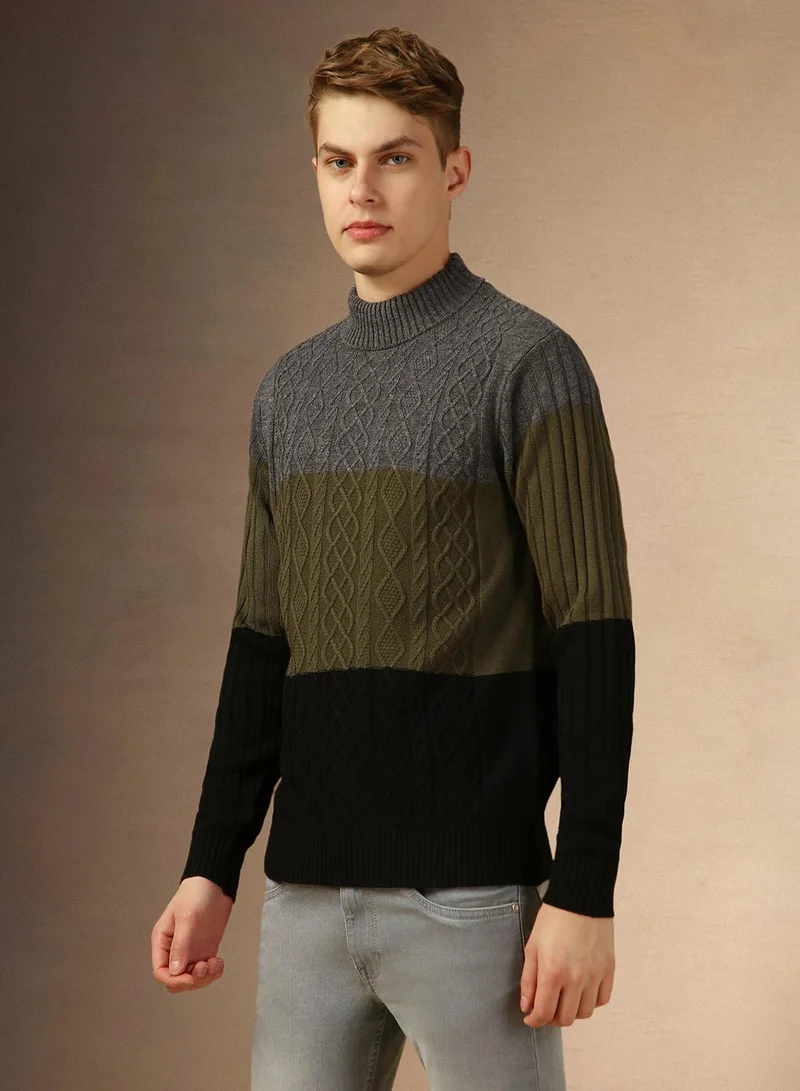 دينيس لينغو Men's Light Blue 100% Acrylic Colour Blocked Slim Sweater
