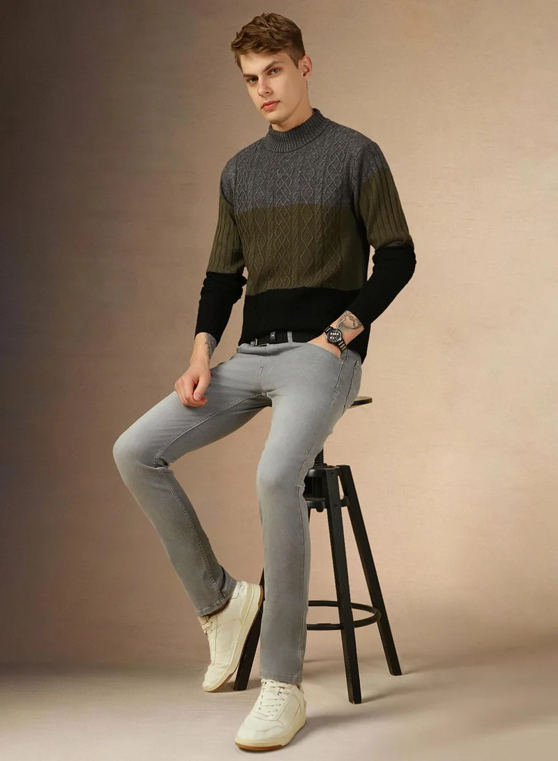 Dennis Lingo Men's Light Blue 100% Acrylic Colour Blocked Slim Sweater
