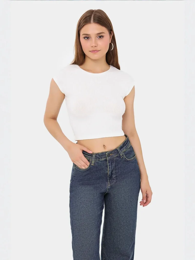 HICCUP Basic Round Neck Short Sleeve Cropped Top