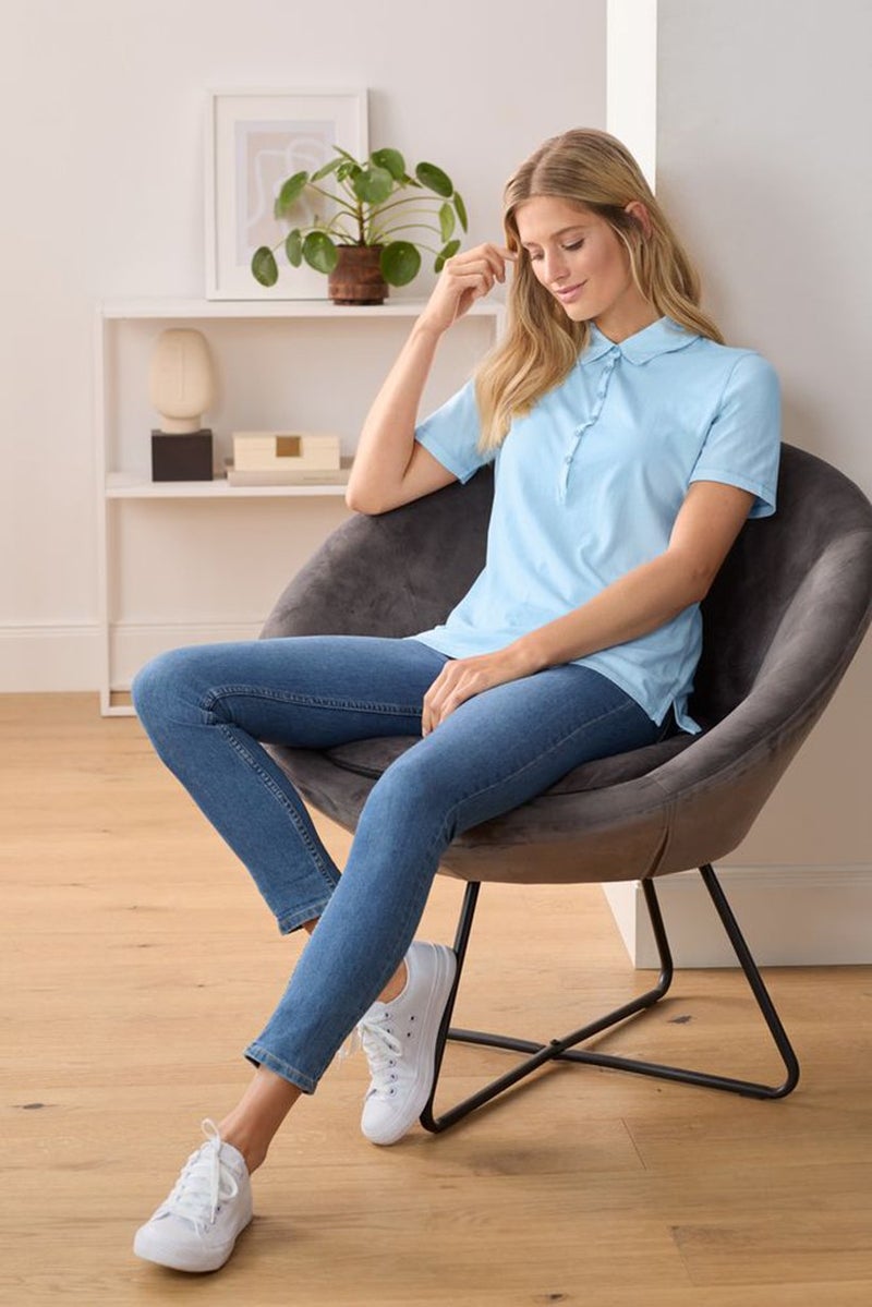 Tchibo Women Spread Collar Short Sleeve Plain Polo Shirt, Blue - Image 1