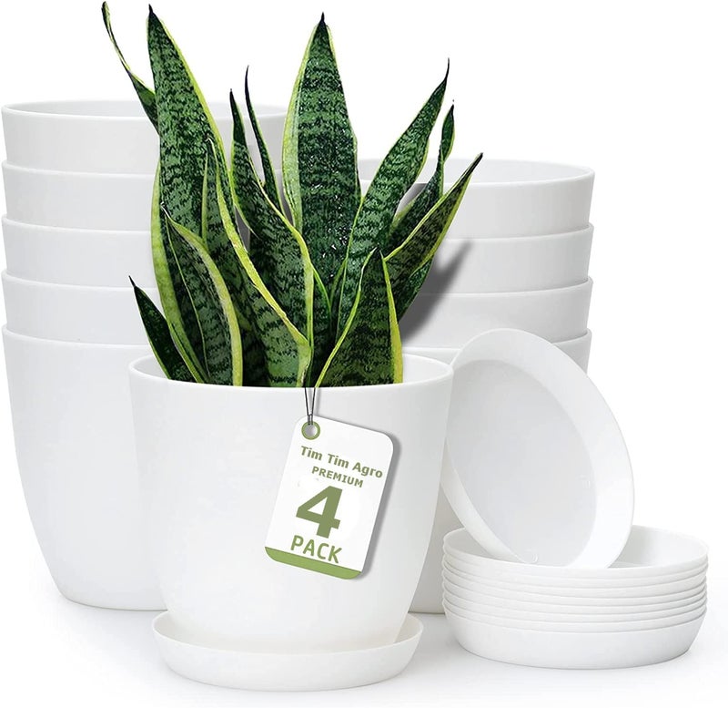 Tim Tim Agro 4-Pack 10 Inch Flower Pot Indoor/Outdoor Modern Decorative Plastic Pots for Plants with Drainage Hole and Tray for All House Plants, Succulents, Flowers, Herbs and Cactus, White - Image 1