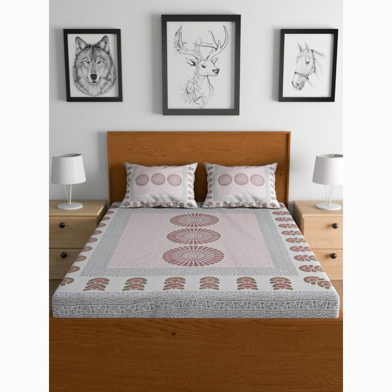 Urban Magic 104TC Cotton Pink Printed Queen Double Bedsheet (1 Bedsheet, 2 Pillow Covers) - Image 2