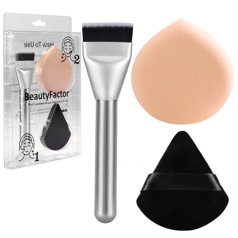 BEAUTYFACTOR Flat Foundation Brush and Powder Puff Set Korean Makeup Brush Teardrop Sponge for Liquid FoundationPremium Face Makeup Brush Sponge for Blending Cream Setting Powder - Image 3