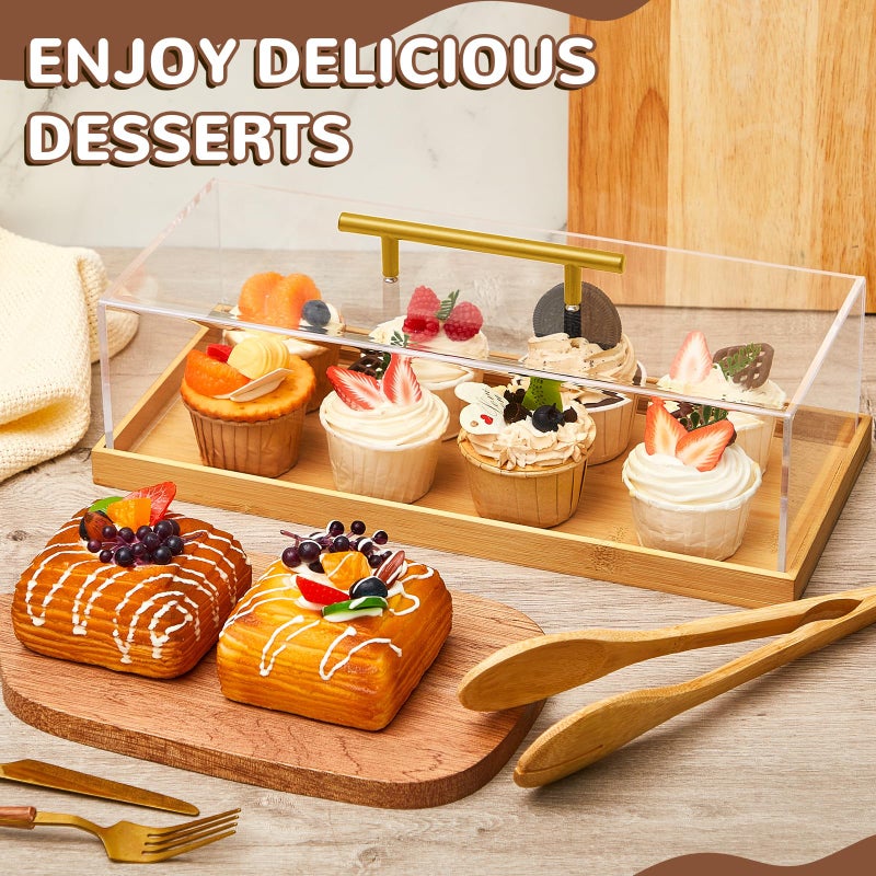 FoldTier Rectangular Cake Tray with Lid 14" x 6" x 4", Clear Acrylic Cover & Wooden Charcuterie Board, Bakery Display Case with Tong for Bread Pastries Cheese (Bamboo) - Image 4