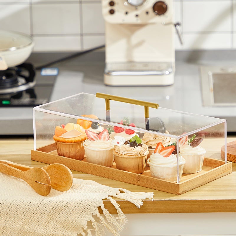 FoldTier Rectangular Cake Tray with Lid 14" x 6" x 4", Clear Acrylic Cover & Wooden Charcuterie Board, Bakery Display Case with Tong for Bread Pastries Cheese (Bamboo) - Image 3