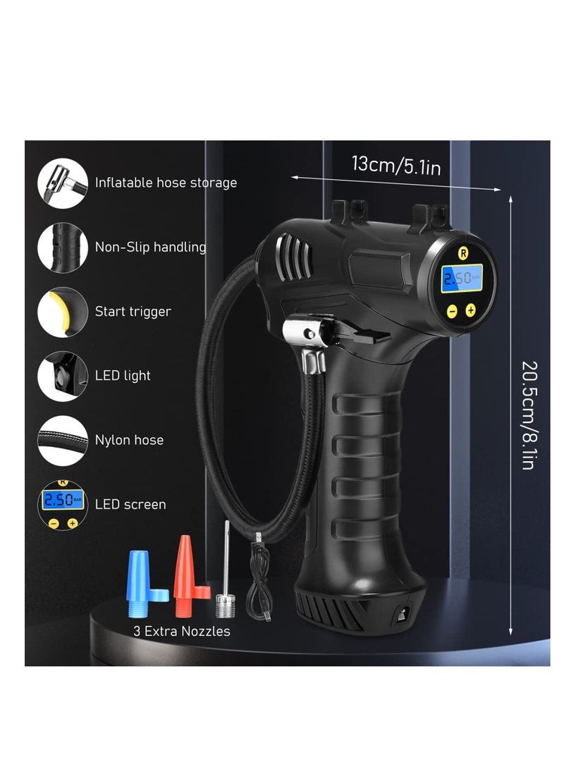 SYOSI Tyre Inflator Air Compressor, Rechargeable Handheld Electric Digital Tire Pump with LED Light and 4000mAh Battery, 12V 120W Cordless Air Compressor with Three Pneumatic Mouth for Motorcycle Bicycle - Image 2