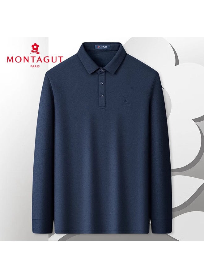 Montagut Men's Long Sleeve Polo Shirt With Mulberry Silk Embroidery Collar Spring Autumn Solid Color Long Sleeve T-shirt Navy Blue 3XL - Image 1