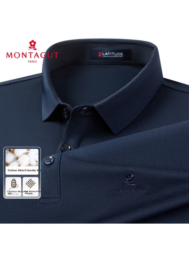 Montagut Men's Long Sleeve Polo Shirt With Mulberry Silk Embroidery Collar Spring Autumn Solid Color Long Sleeve T-shirt Navy Blue 3XL - Image 2