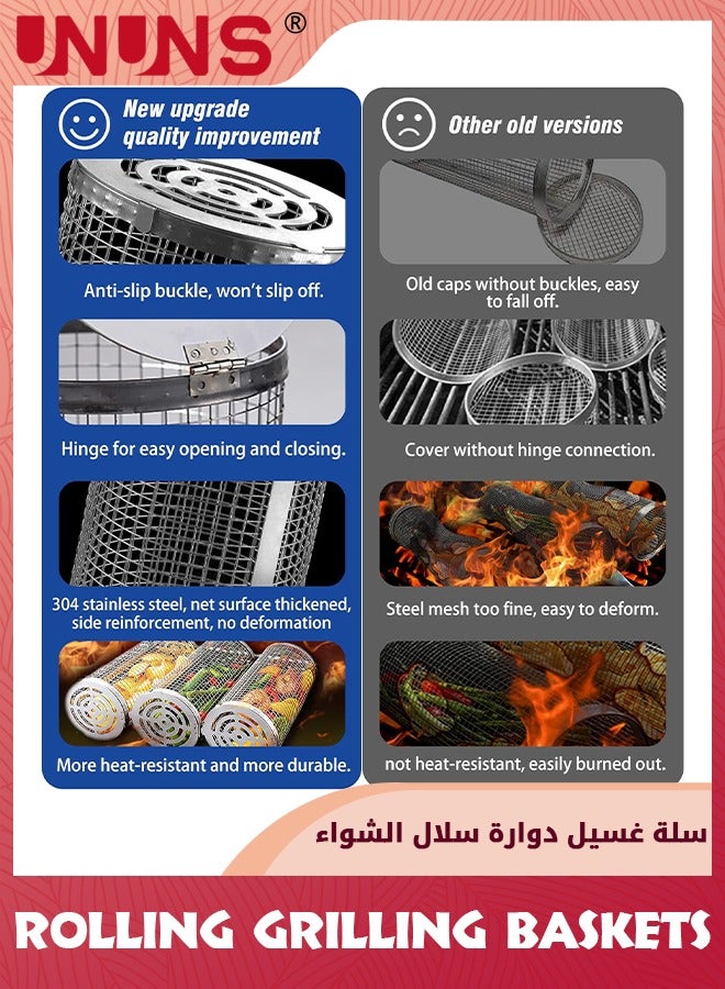 UNUNS 8 Pack Rolling Grilling Baskets,Rolling Grilling Baskets For Outdoor,Net Tube Stainless Steel Large Round Mesh Barbecue Cylinder Cage Cooking Accessories for Veggies Vegetable Fish Camping - Image 2
