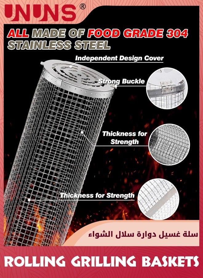 UNUNS 8 Pack Rolling Grilling Baskets,Rolling Grilling Baskets For Outdoor,Net Tube Stainless Steel Large Round Mesh Barbecue Cylinder Cage Cooking Accessories for Veggies Vegetable Fish Camping - Image 3