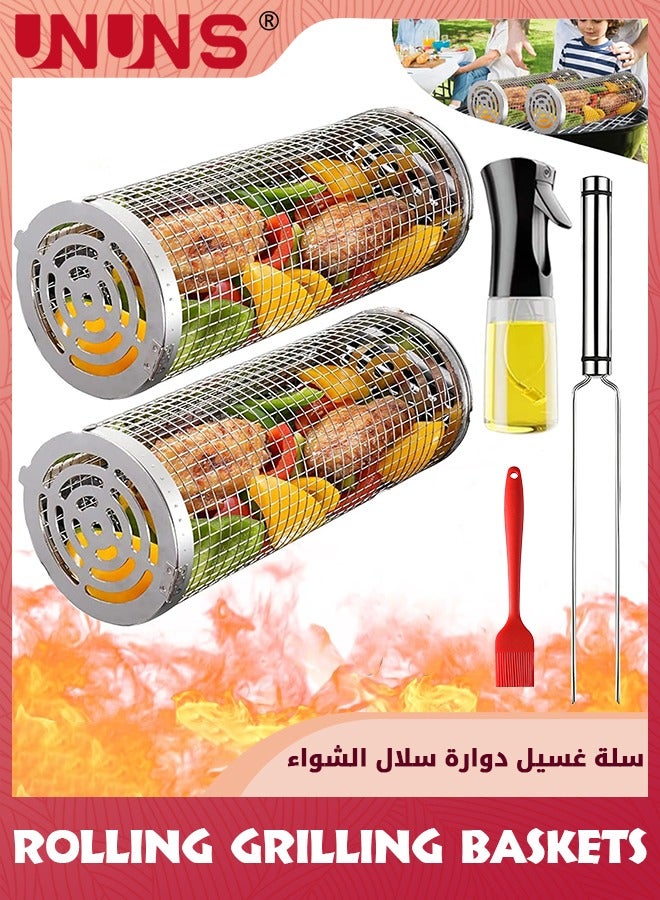 UNUNS 8 Pack Rolling Grilling Baskets,Rolling Grilling Baskets For Outdoor,Net Tube Stainless Steel Large Round Mesh Barbecue Cylinder Cage Cooking Accessories for Veggies Vegetable Fish Camping - Image 1