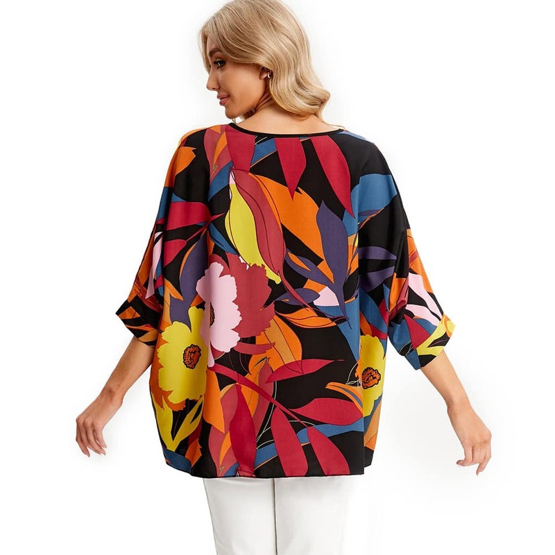 Ckikiou Womens Batwing Loose Chiffon Summer Blouse Tunic Floral Printed Boho Beach Cover ups - Image 3