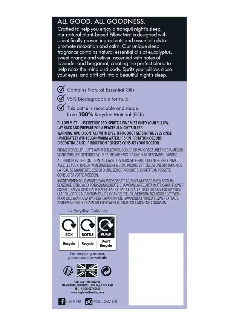 Baylis & Harding Goodness Sleep Beautifully Pillow Mist 100 ml | Lavender & Bergamot with Organic Chamomile & Sage | Pillow Mist with Relaxing Essential Oils for Restful Sleep | Vegan