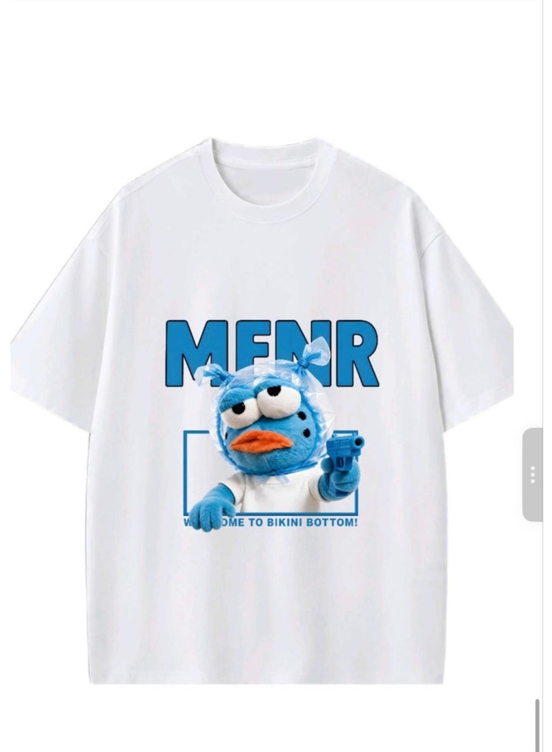 Unisex Casual Crew Neck Short Sleeve T-Shirt with Funny Cartoon Character Meme Print - White - Image 1