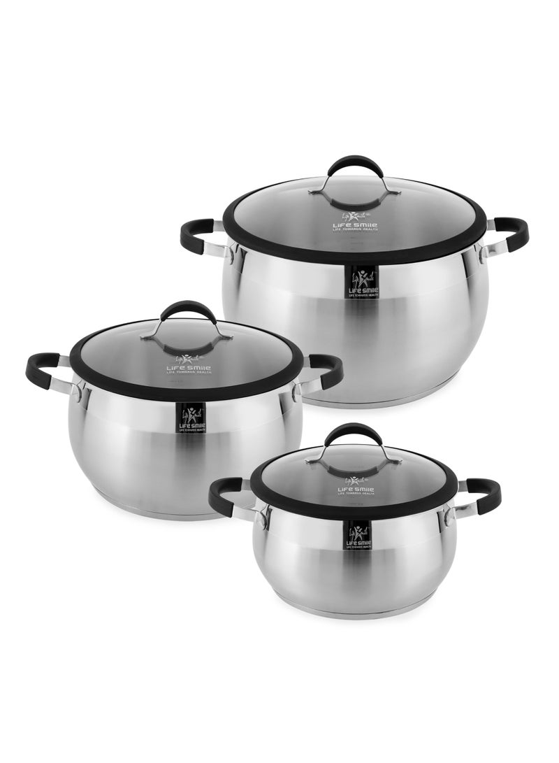 Life Smile 6-Piece Stainless Steel Cookware Set | 18/10 Premium Steel Pots with Silicone Handles | Includes 24cm,28cm &32cm Casseroles with Lids | 100% PFOA-Free Cooking Pot Set - Image 1