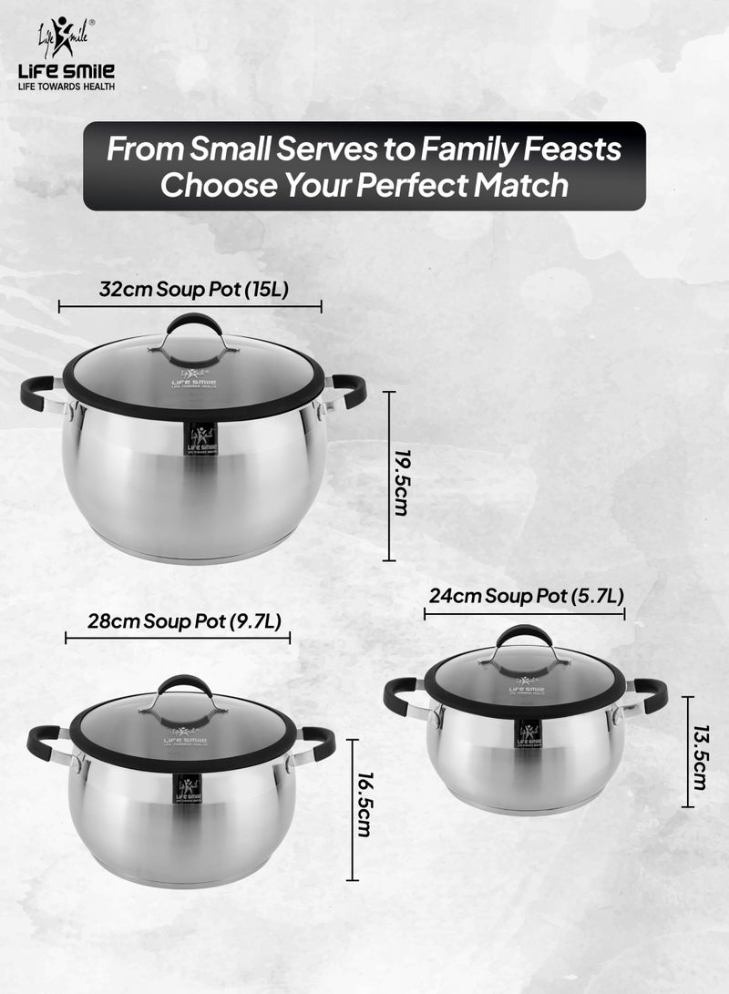 Life Smile 6-Piece Stainless Steel Cookware Set | 18/10 Premium Steel Pots with Silicone Handles | Includes 24cm,28cm &32cm Casseroles with Lids | 100% PFOA-Free Cooking Pot Set - Image 3
