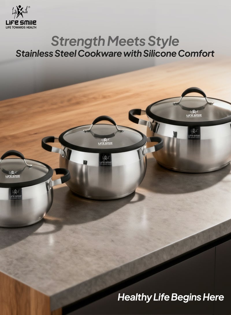 Life Smile 6-Piece Stainless Steel Cookware Set | 18/10 Premium Steel Pots with Silicone Handles | Includes 24cm,28cm &32cm Casseroles with Lids | 100% PFOA-Free Cooking Pot Set - Image 5
