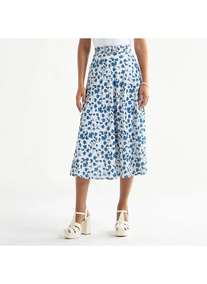 FAV All-Over Print Belted Midi Skirt with Embellished Accent