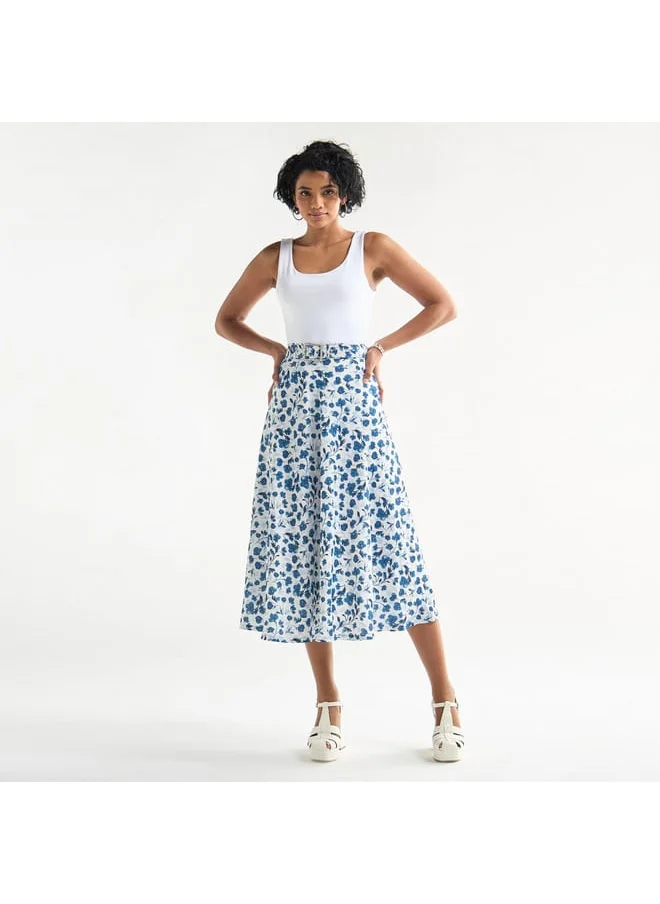 FAV All-Over Print Belted Midi Skirt with Embellished Accent