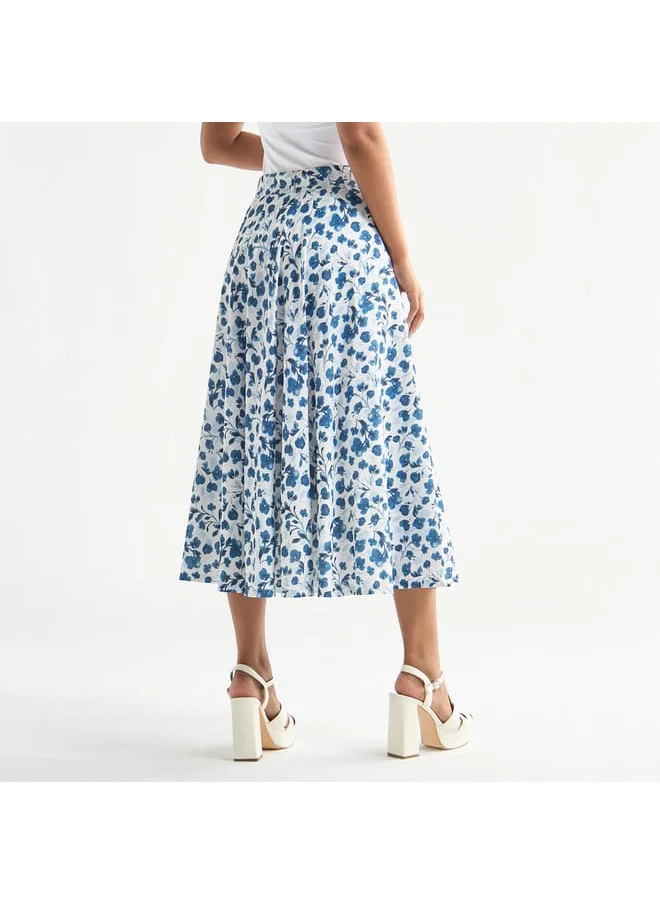 FAV All-Over Print Belted Midi Skirt with Embellished Accent