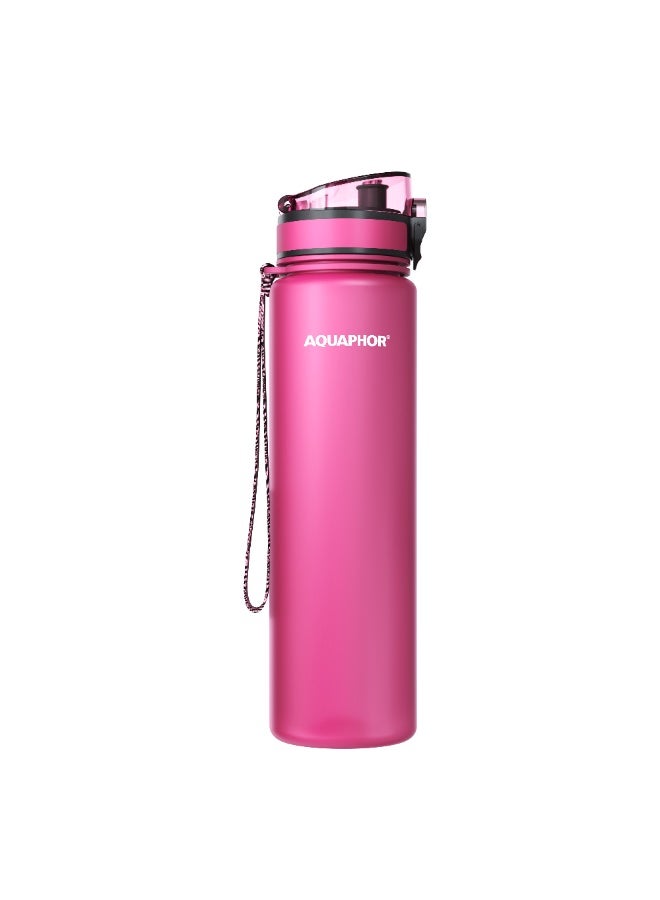 Aquaphor City Water Filter Bottle 1000ml, Portable Reusable Bottle with 150L Long-Lasting Cartridge, Removes Chlorine, Heavy Metals, Toxins & Odors, Improves Taste, Eco-Friendly BPA-Free Travel Water Purifier Bottle with Strap & Protective Cap (Pink) - Image 1