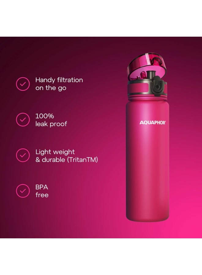 Aquaphor City Water Filter Bottle 1000ml, Portable Reusable Bottle with 150L Long-Lasting Cartridge, Removes Chlorine, Heavy Metals, Toxins & Odors, Improves Taste, Eco-Friendly BPA-Free Travel Water Purifier Bottle with Strap & Protective Cap (Pink) - Image 2