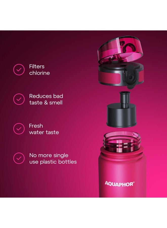 Aquaphor City Water Filter Bottle 1000ml, Portable Reusable Bottle with 150L Long-Lasting Cartridge, Removes Chlorine, Heavy Metals, Toxins & Odors, Improves Taste, Eco-Friendly BPA-Free Travel Water Purifier Bottle with Strap & Protective Cap (Pink) - Image 3